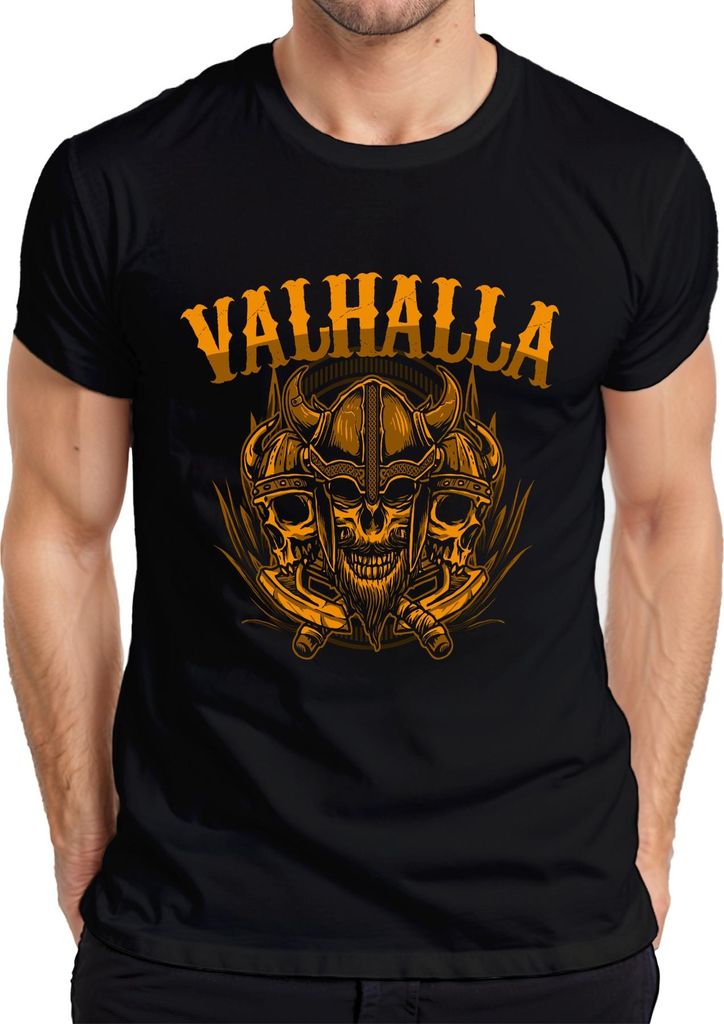 Valhalla Wikinger Totenkopf Helm Äxte Nordisch Mythologie Runen Herren T-Shirt, Schwarz, 3XL