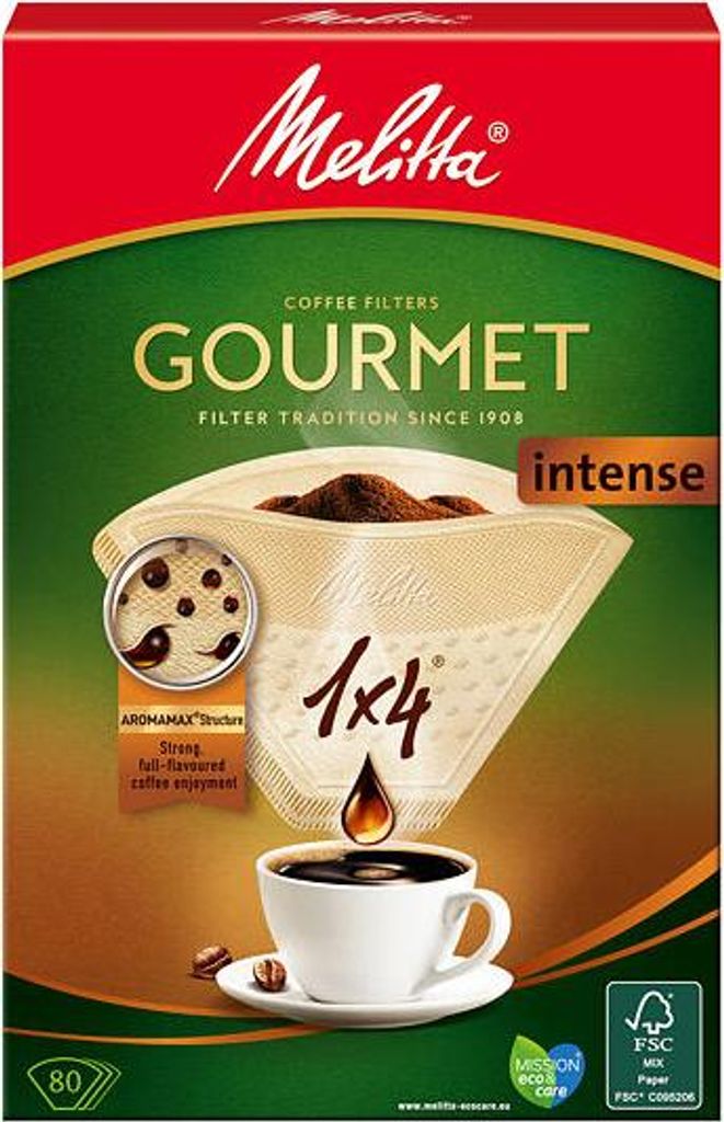 A product packaging for Melitta Gourmet Intense coffee filters.