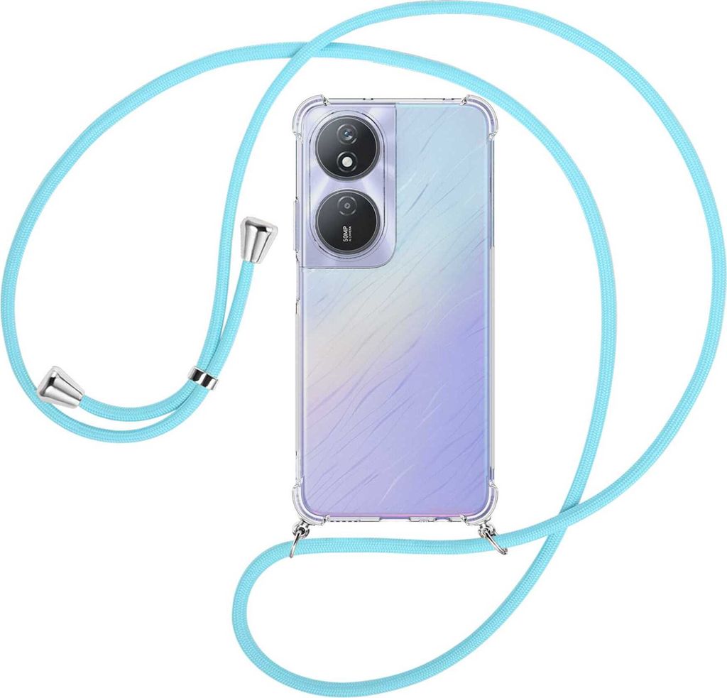 Handykette Backcover-Schutzhülle mit Band (Metall silberfarben) für Honor X7b 4G (CLK-LX1,2,3) - himmelblau