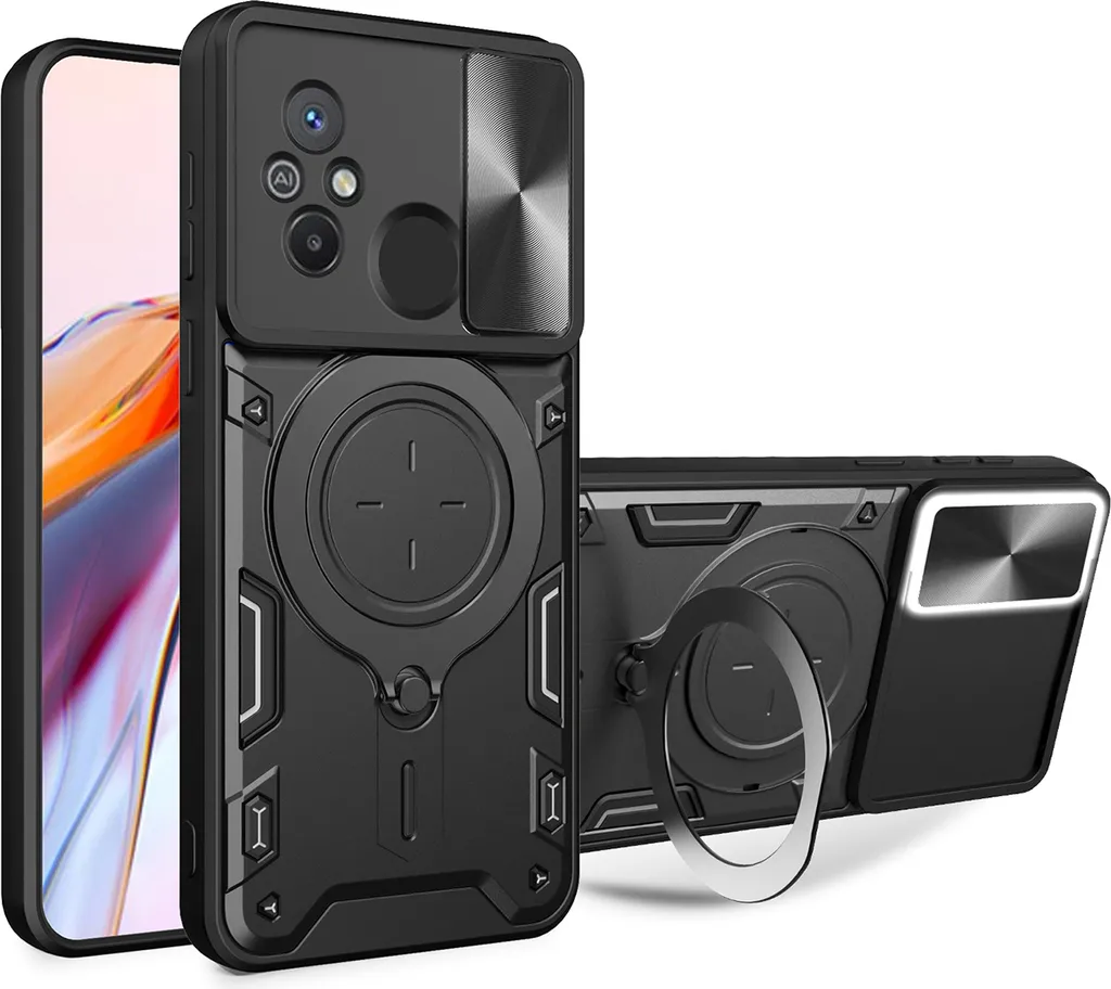 Custodia per Xiaomi Redmi 12C custodia resistente a doppio strato con copertura della fotocamera e supporto ad anello nero