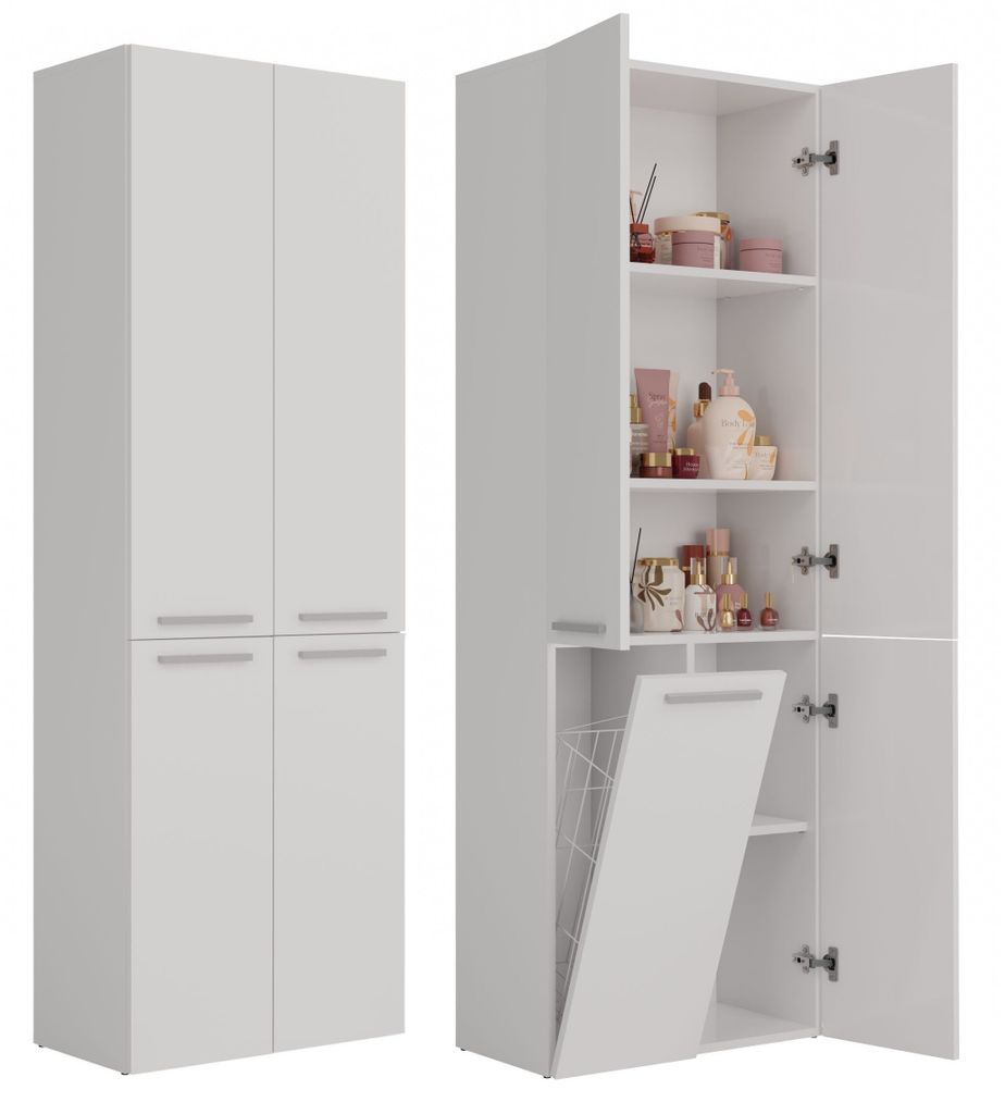 A white bathroom cabinet shown from two angles: one closed and one open, revealing shelves and a pull-out laundry basket.