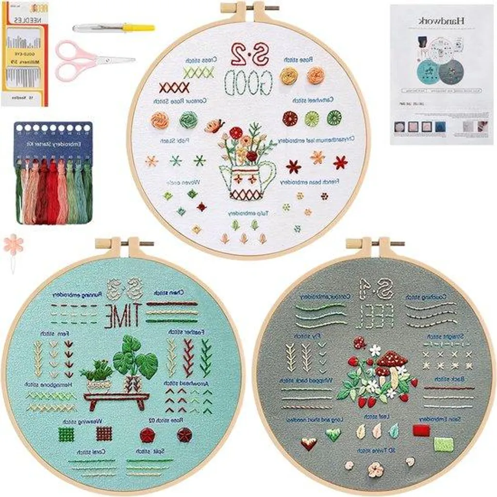 Kit broderie débutant relaxation et loisir créatif - 3 motifs fleurs