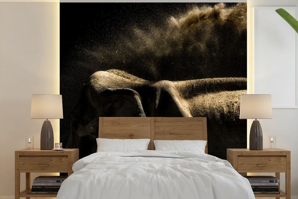 MuchoWow Fototapete für Wohnzimmer oder Schlafzimmer Wandtapete Vinyl Motivtapete Elefant schüttelt Schlamm auf schwarzem Hintergrund ab - 240x...