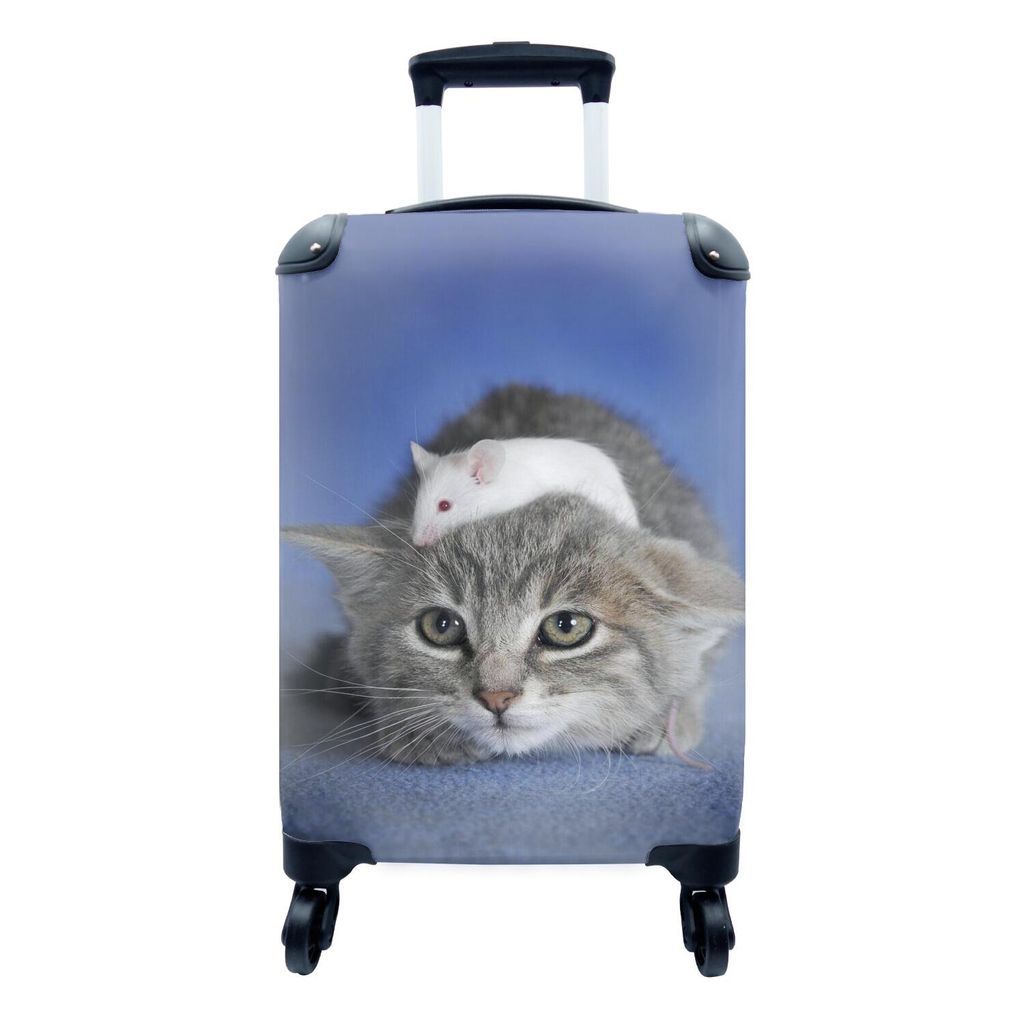 MuchoWow Koffer Handgepäck Trolley Rollkoffer Kleine Reisekoffer mit 4 Rollen - Katze - Maus - Blau - Cabin Size < 55x40x23 cm & 55x40x20 cm - F...