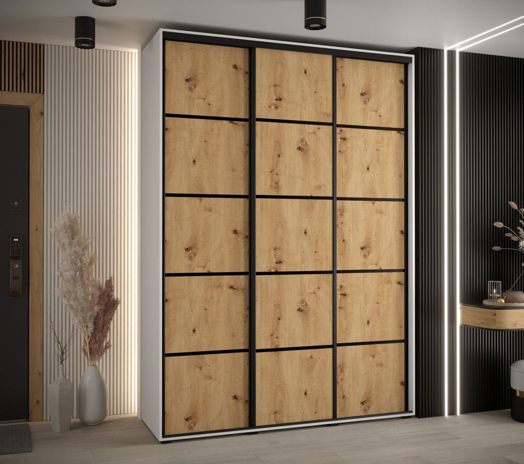 Kleiderschrank YVONA 4 – 170/45 cm, weiß/Eiche handwerklich/schwarz