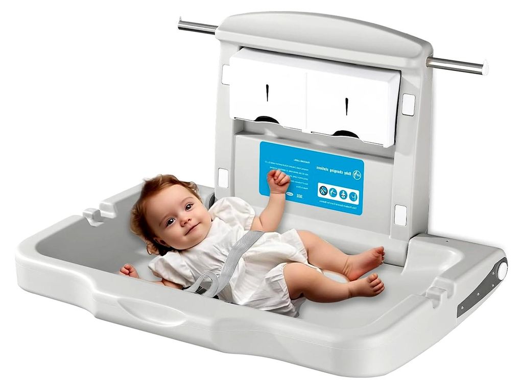 Wickelkommode Wandmontierter Wickeltisch Faltbare Wickelkommode für gewerbliche Toiletten Horizontal HDPE Material mit Sicherheitsgurt Weiß Grau