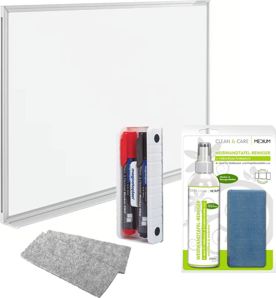 Whiteboard 150 x 100 cm inkl. Tafellöscher, Boardmarker und CLEAN & CARE Weißwandtafel-Reiniger Set