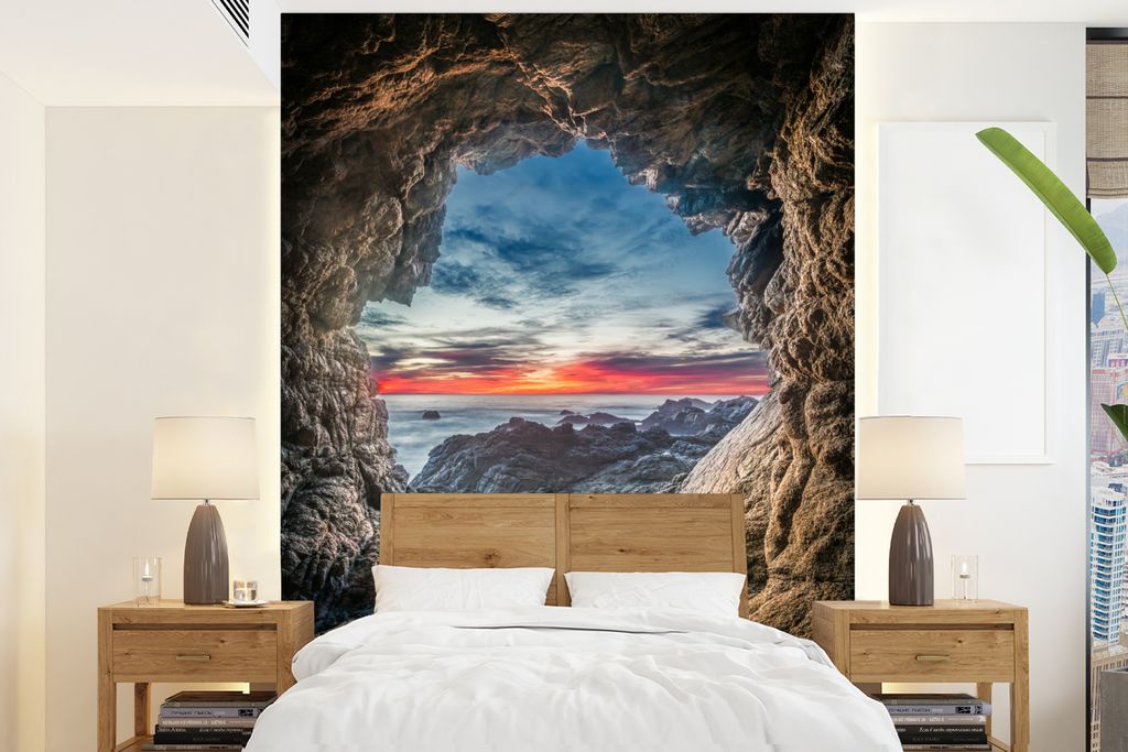 MuchoWow Fototapete für Wohnzimmer oder Schlafzimmer Wandtapete Vinyl Motivtapete Sonnenuntergang von der Meereshöhle im Garrapata State Park i...