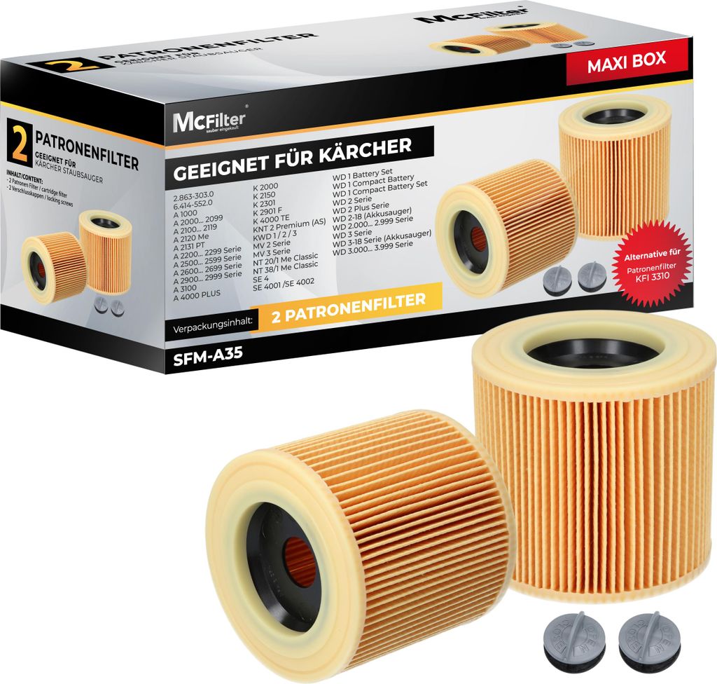 McFilter | 2x Patronenfilter f. Kärcher Staubsauger WD2, WD3, A-Serie, SE 4001, SE 4002, ersetzt Kärcher Filter 6.414-552.0, 6.414-772.0, 6.414-5...