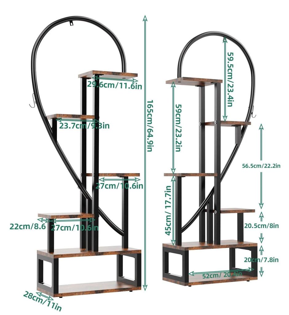 2er Set Pflanzenständer - Hohe herzförmige Blumenleiter - Großes Metall Blumenregal - Für Wohnraum, Balkon und Garten - Ohne LED Beleuchtung