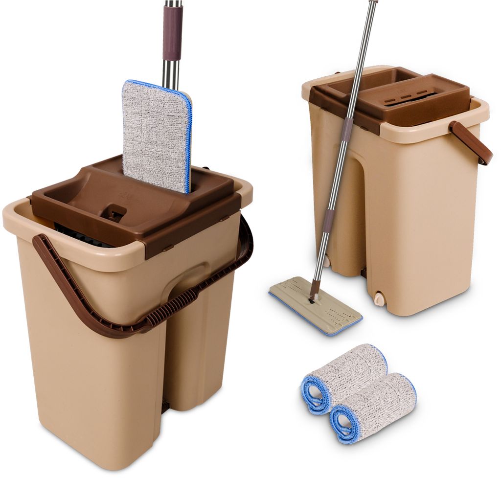 A flat mop and bucket set is displayed against a white background, with two spare mop heads shown in the foreground.