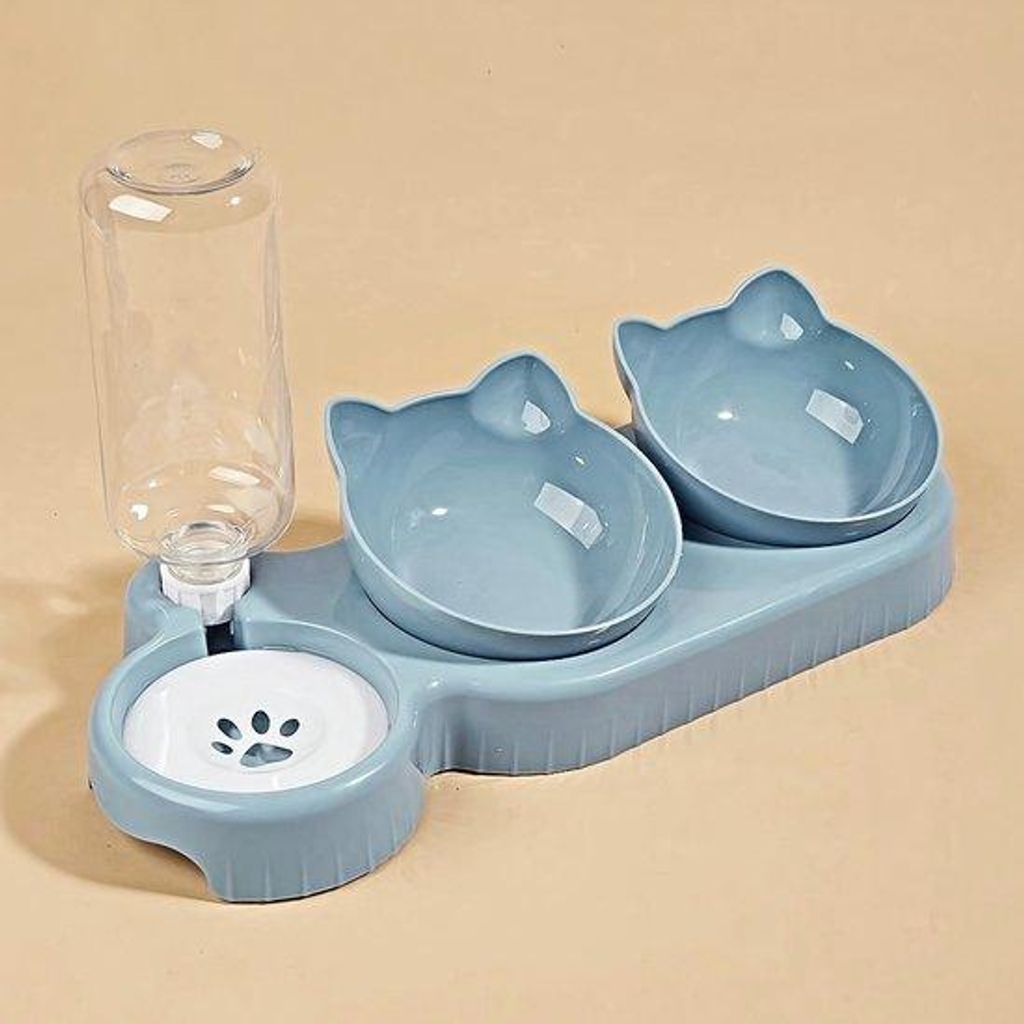 Tierfutterbox mit Wasserdispenser, 3-in-1 umklappbarer Wasser- und Futterboxset für Katzen, mit Schwerekräfte-gesteuerter Wasserflasche zur Nacke...