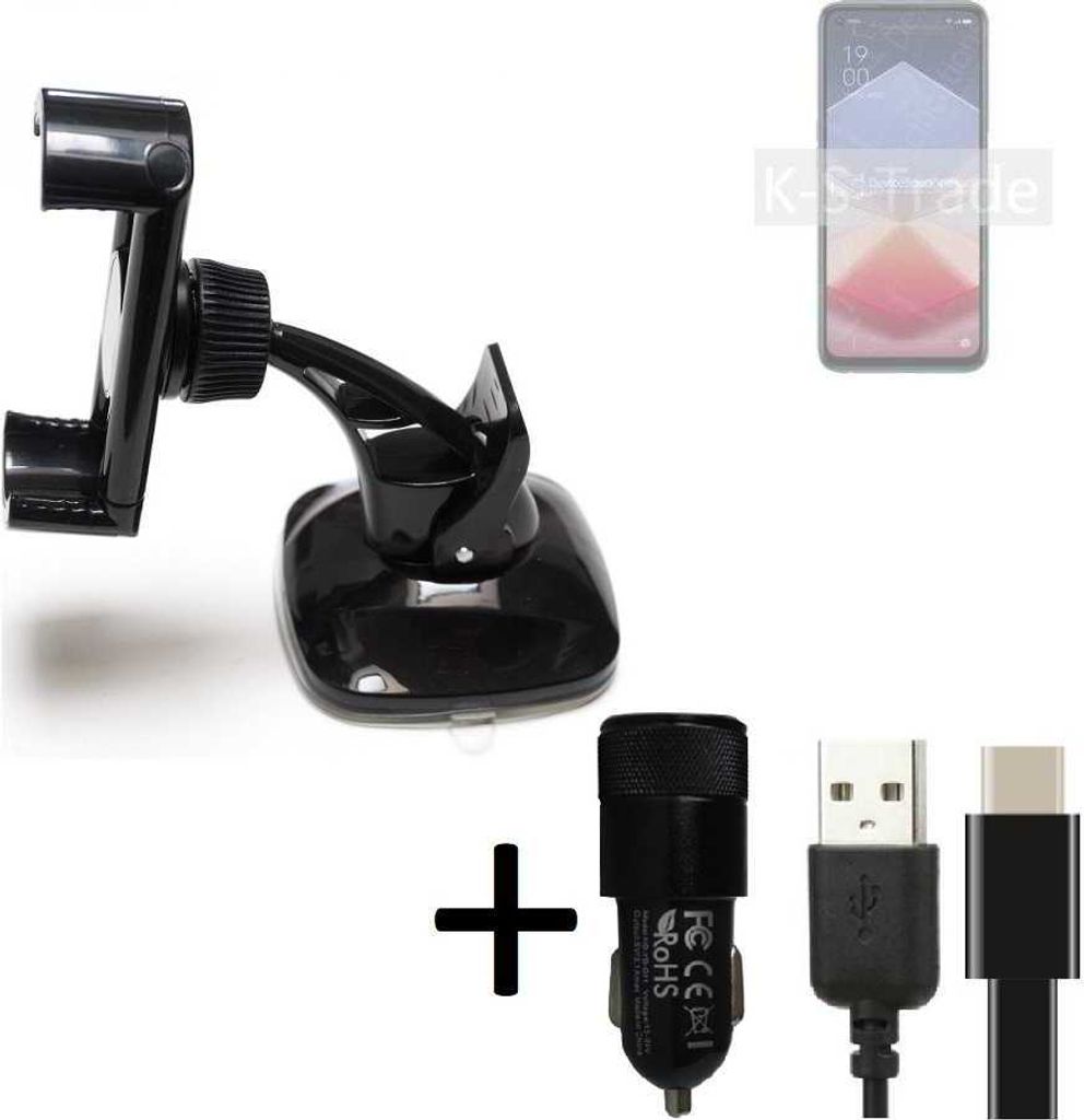 K-S-Trade Handy-Halterung kompatibel mit Oppo K10 Vitality Edition Windschutzscheibe / Armaturenbrett + LADEGERÄT mit Mico USB Kabel Autohalterung