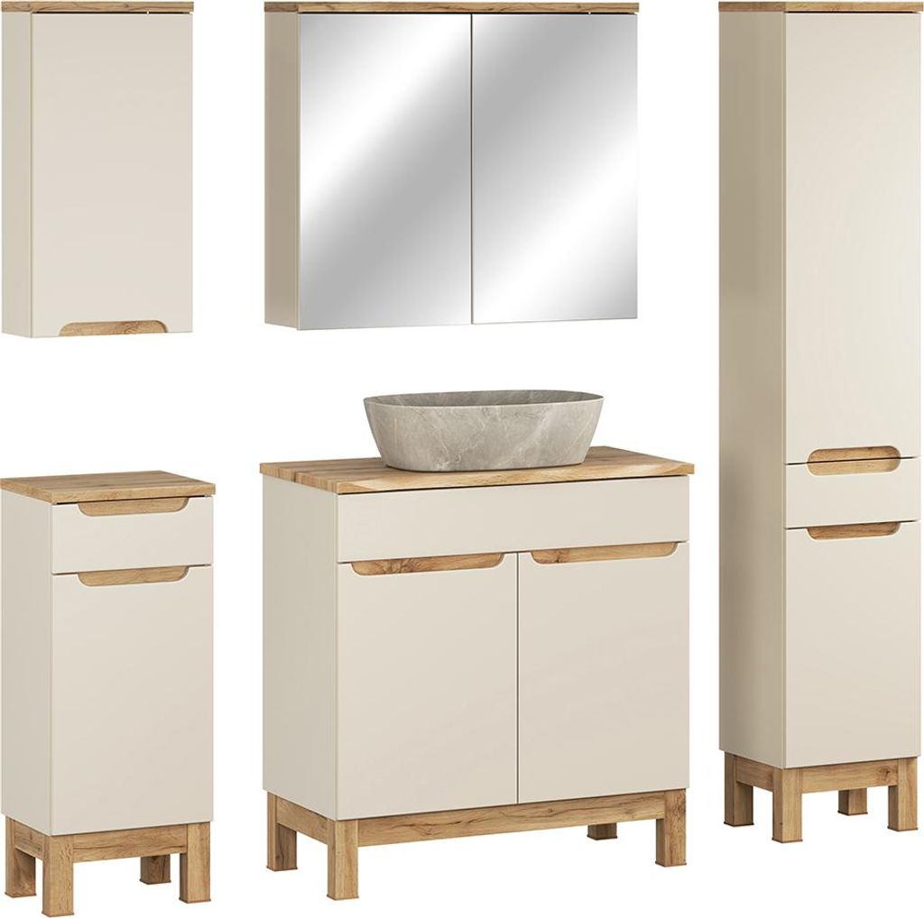 Badmöbel-Set 5-teilig mit 80 cm Waschtisch & Spiegelschrank in kaschmir und Eiche mit Baumkantenoptik, modern grifflos - SOLNA-56-CASHMERE