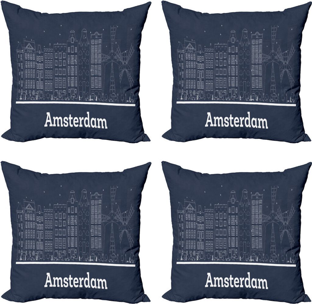 ABAKUHAUS Amsterdam Kissenbezug Set (4 Stück), Zeitgenössisch Stadt Überblick, Moderner Doppelseitiger Digitaldruck, 45 cm x 45 cm, Dunkelblau G...