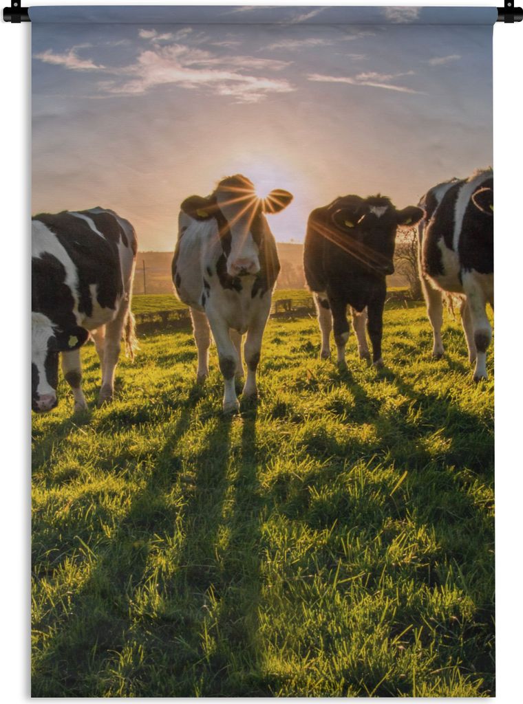 MuchoWow Wandteppich Wandbehang Kühe - Sonne - Gras - Tiere - Bauernhof 60x90 cm Tapisserie Dekoration Wandtuch - Foto-Teppich - Abwaschbar
