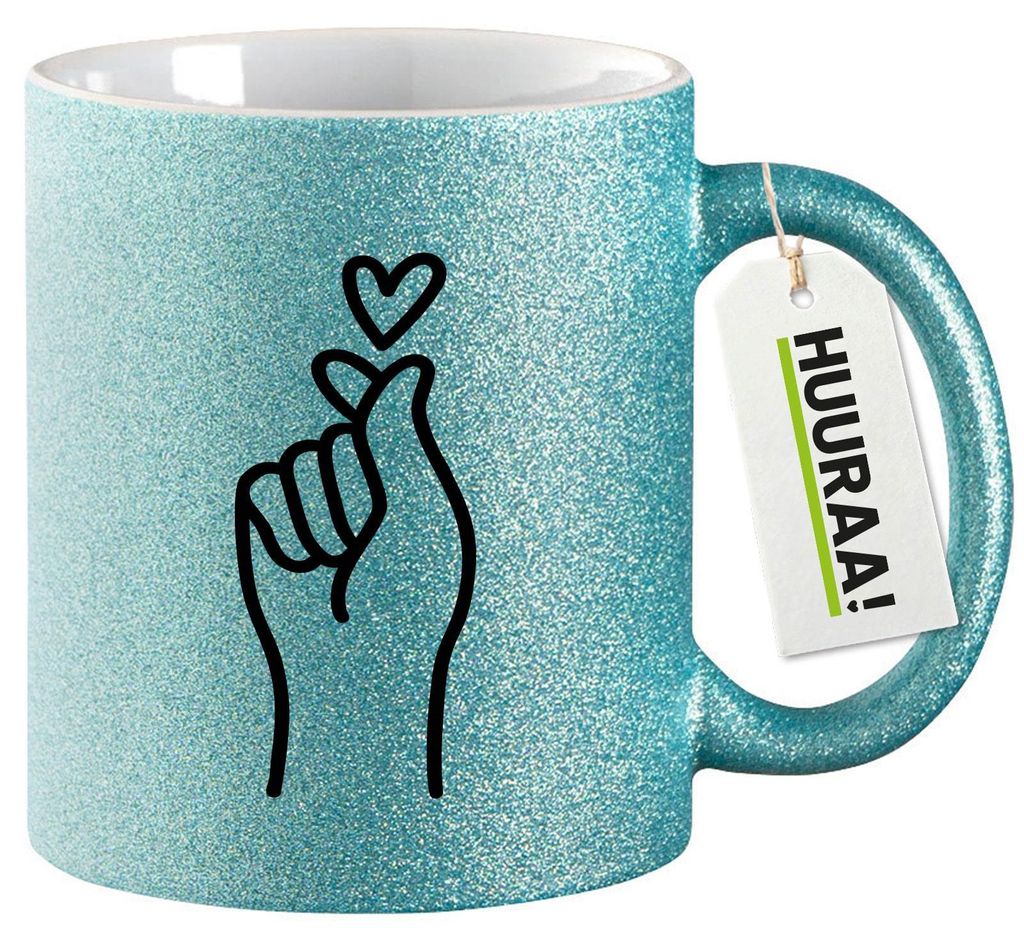 Huuraa Glitzertasse K-Pop Fingerherz Zeichen 330ml Blau Keramik Kaffeebecher Geschenkidee