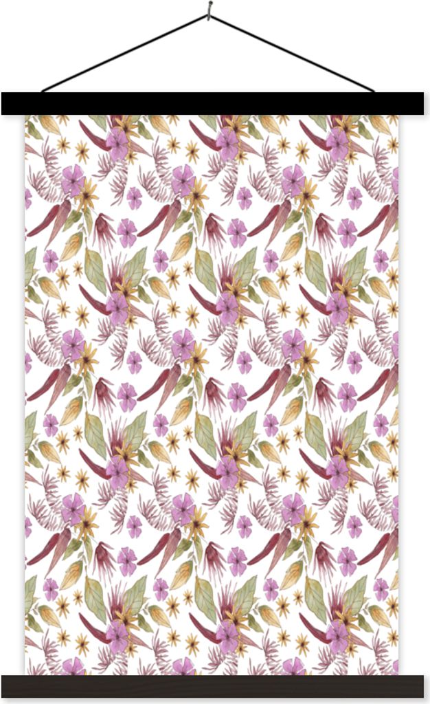 MuchoWow Textilposter Blumen - Lila - Muster 40x60 cm mit schwarzem Rahmen - Wanddekorationen