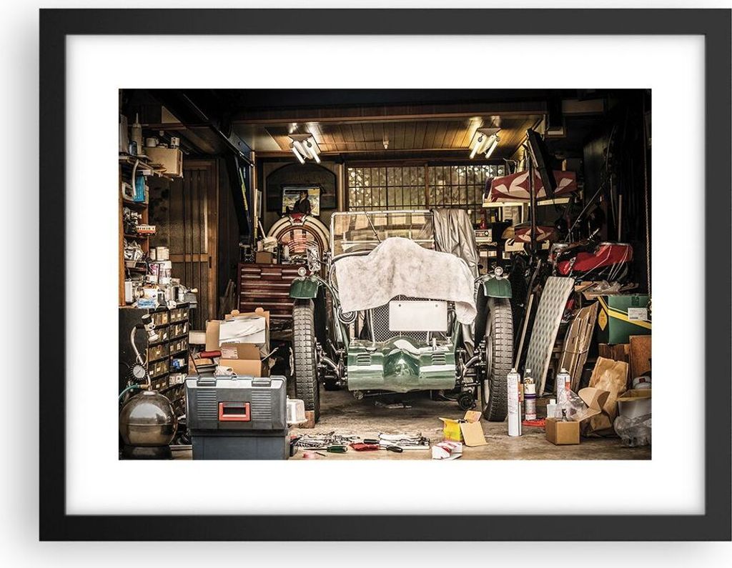 Gerahmtes Poster - Schwarzer Rahmen - Historisch Auto Garage - 40x30 cm - Wand Bild - Wanddeko - Wandbilder - Kunstposter - Wandposter - Bilderrahm...