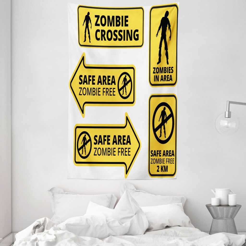 ABAKUHAUS Zombie Wandteppich und Tagesdecke, Safe Area Zone aus Weiches Mikrofaser Stoff Waschbar ohne Verblassen Digitaldruck, 140 x 230 cm, Gelb ...