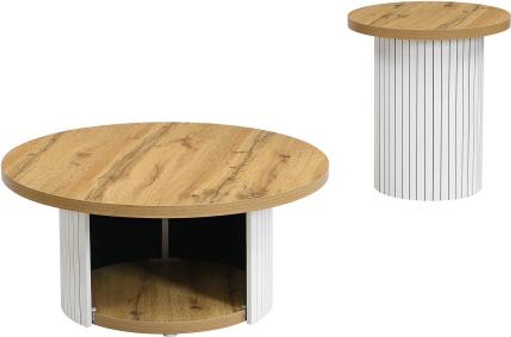 Beistelltisch 75x75x50+45x45x35cm Multifunktionaler Couchtisch Doppelter Runder Tisch Naturholzlatten MDF