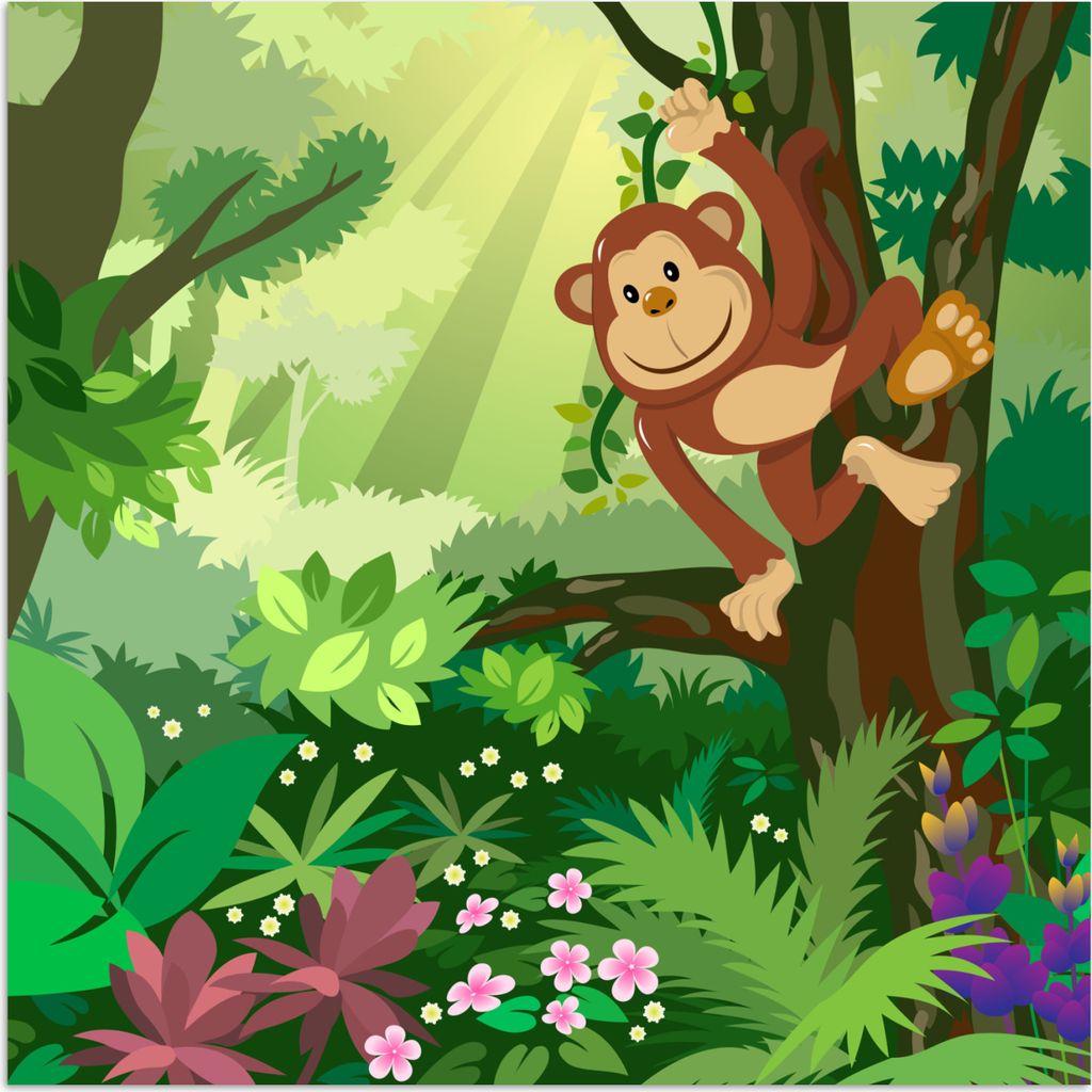MuchoWow Poster Affe - Dschungel - Jungen - Mädchen - Blumen - Kinder 100x100 cm - Babyzimmer