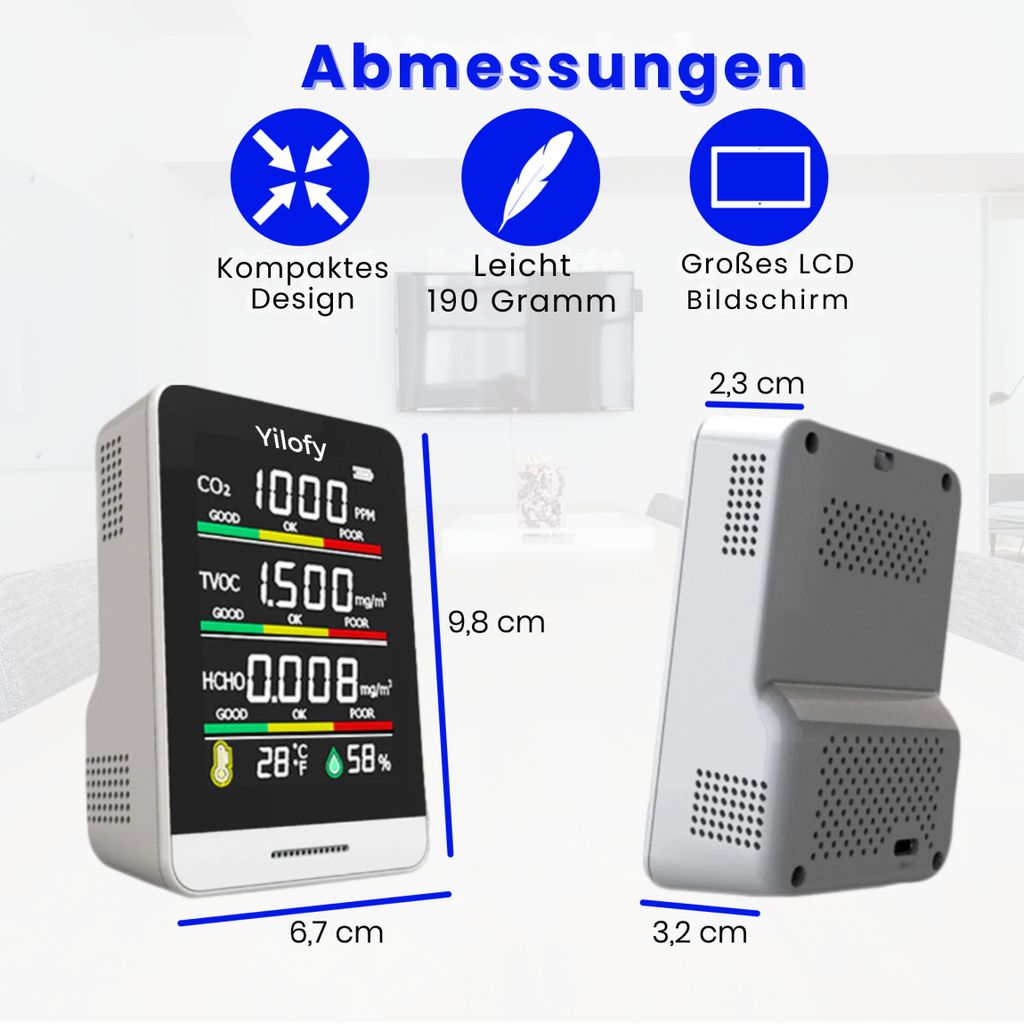 JD-3002 Luftqualitätsmonitor – CO2, TVOC, HCHO, Temperatur & Luftfeuchtigkeit, Mit Alarm, 2000 MAh Akku, Für Innen & Außen HCHO Prüfer