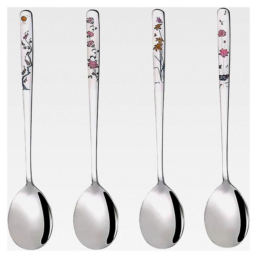 Koreanische Suppenlöffel aus 18/8 Edelstahl mit langem Griff, 20,3 cm, 4er-Set (Blumen)