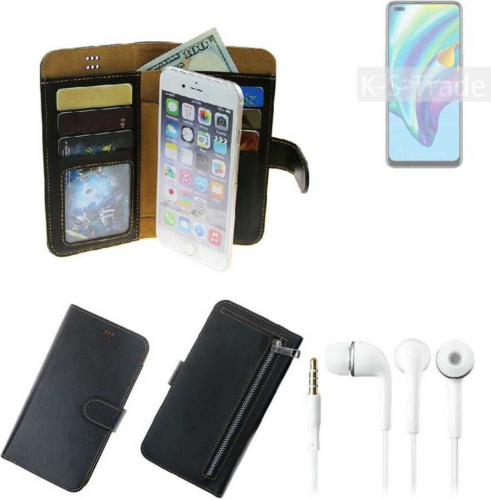 TOP SET Handy Hülle Schutz Hülle kompatibel mit Oppo A15 schwarz aus Kunstleder + Kopfhörer Smartphone Tasche vollwertige Geldbörse K-S-Trade