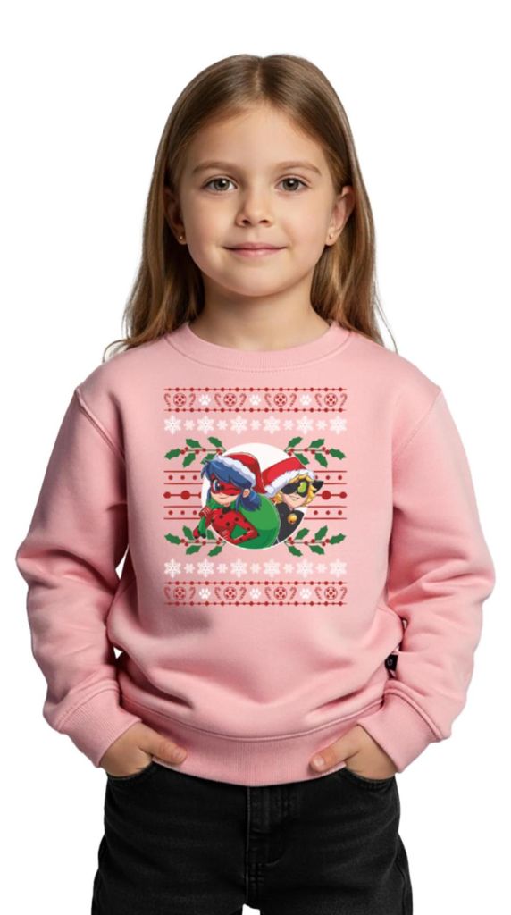 Spreadshirt Miraculous Ladybug Und Cat Noir Ugly Christmas Kinder Premium Pullover, 98/104 (2 Jahre), Rosa