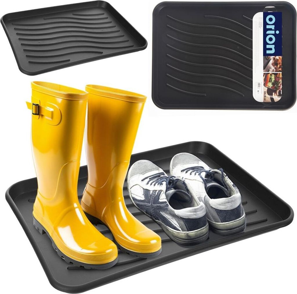 A collage of product images showing black shoe trays with wavy patterns, yellow rubber boots, and a pair of sneakers.