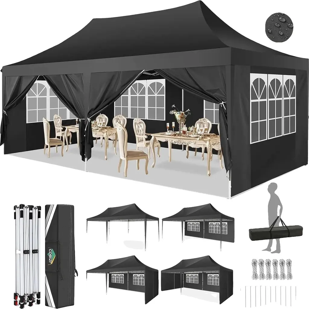 Tente de réception pliable et étanche en acier avec toit noir 3x3m