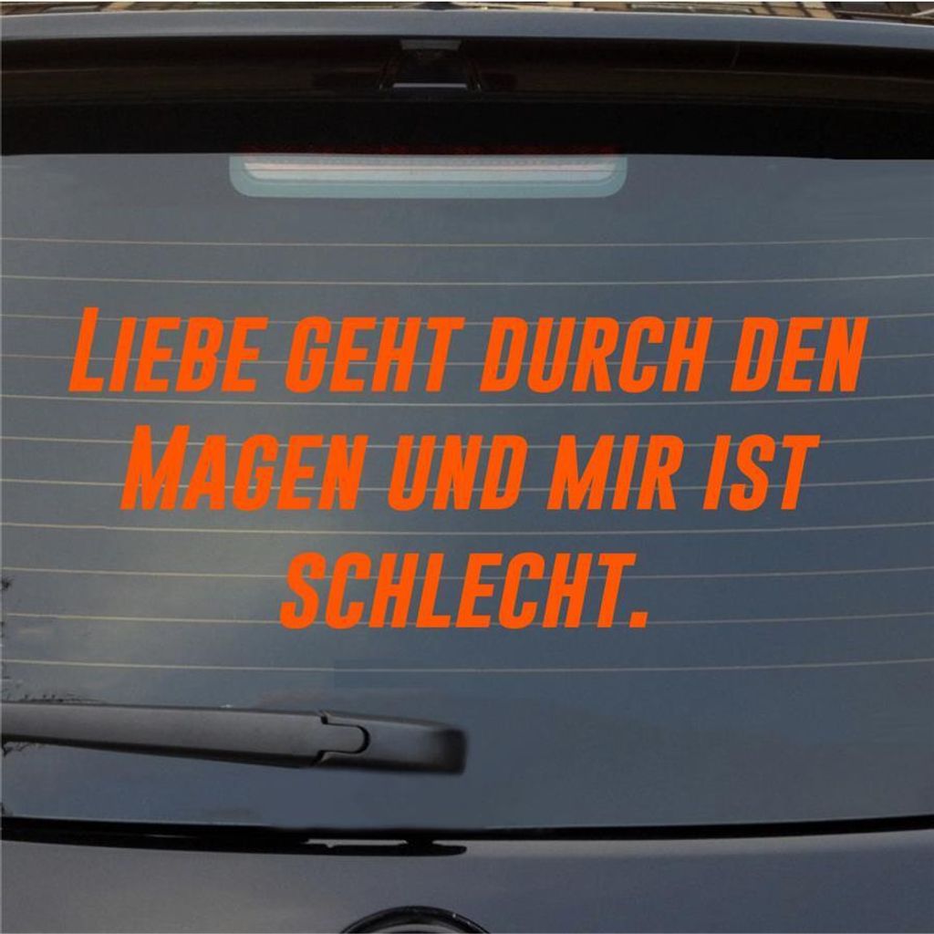 Heckscheibenaufkleber Liebe geht durch den Magen und mir ist schleicht 55x22 cm Orange Auto Aufkleber Sticker