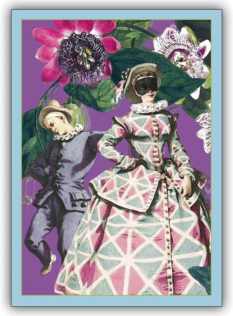 Klappkarte, Grußkarte mit Arlecchina und Passions Blumen, DIN A6 gefaltet, inkl. Umschlag - lustige Klappkarte, hochwertig und schön