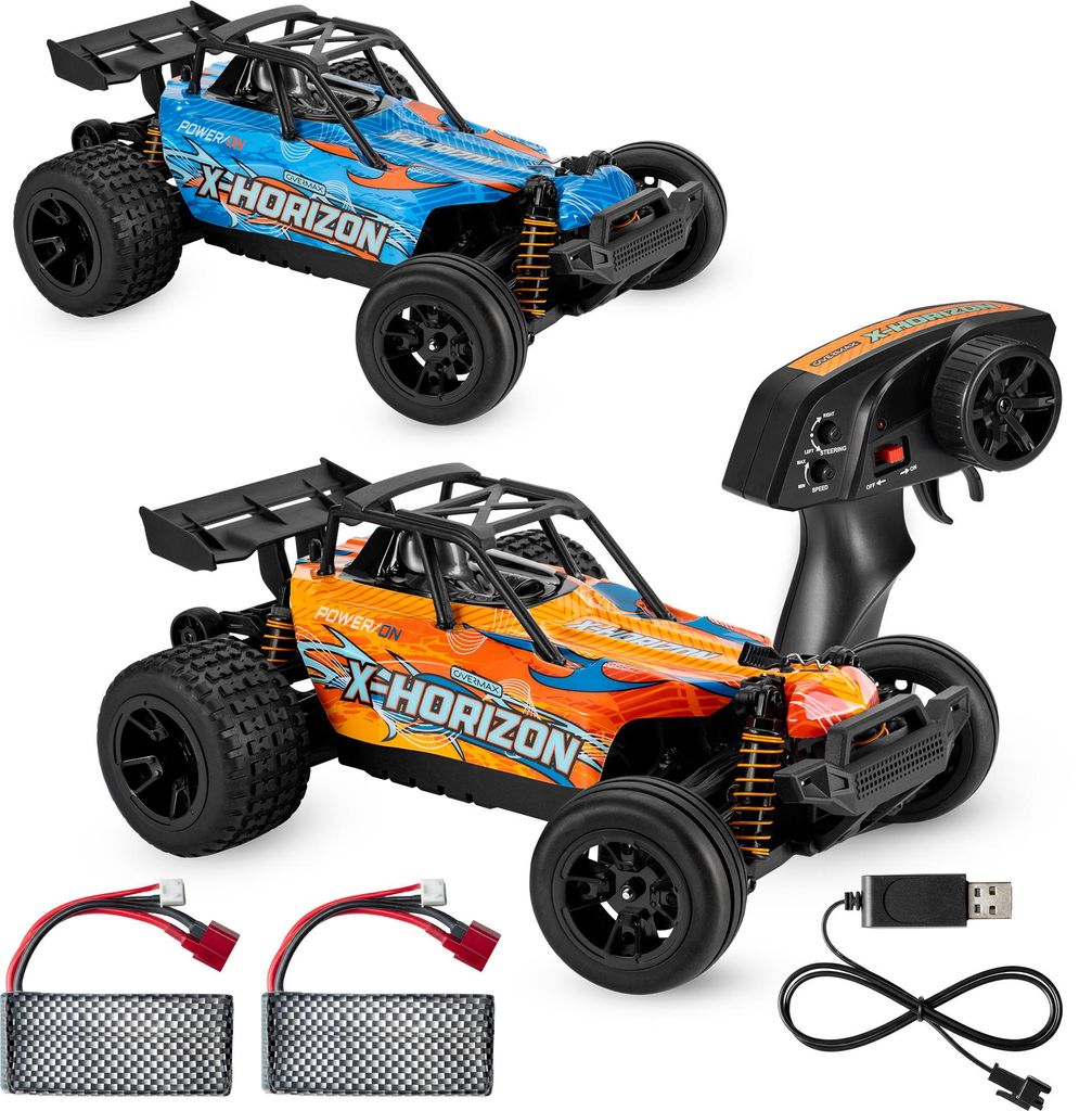 Two remote-controlled cars, one blue and one orange, are displayed with their accessories, including batteries and a remote control.