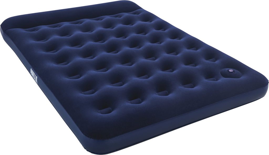 A dark blue inflatable mattress is shown from a diagonal angle against a white background.