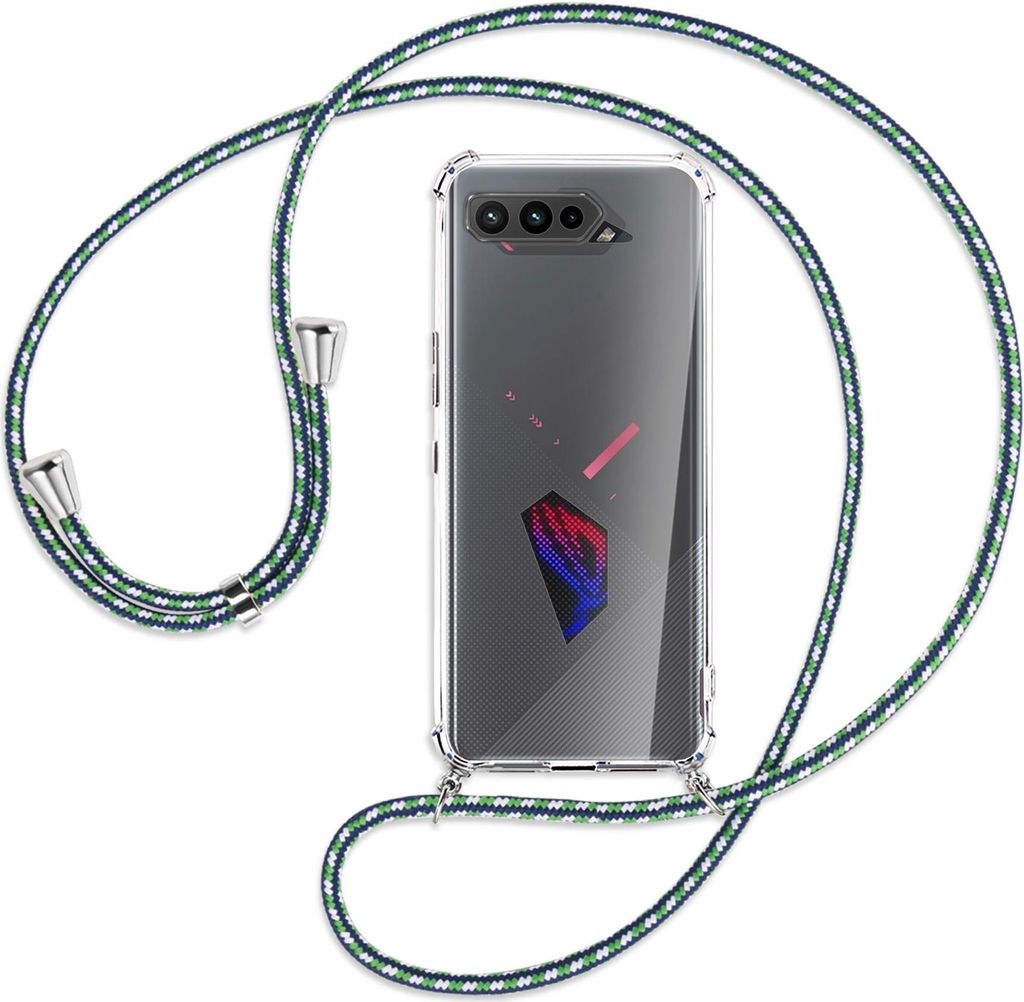 Handykette Backcover-Schutzhülle mit Band (Metall silberfarben) für Asus ROG Phone 5, 5 Ultimate, 5 Pro - grün/blau/weiß