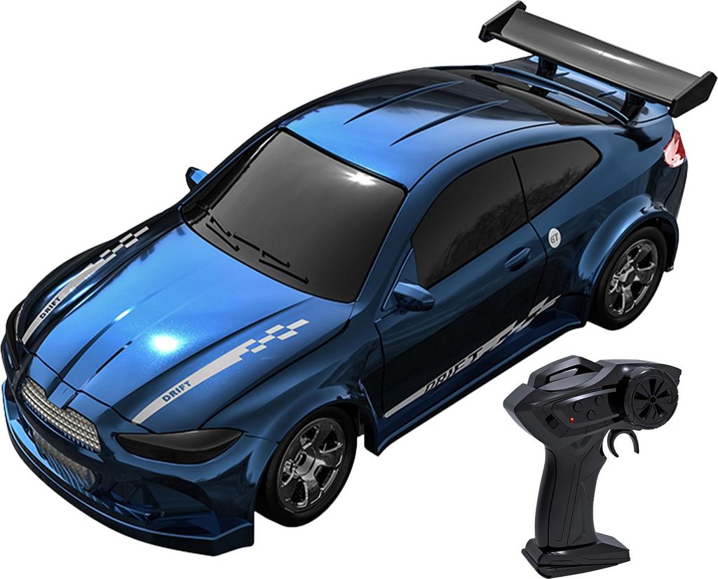 A blue remote control drift car and its remote control are shown against a white background.