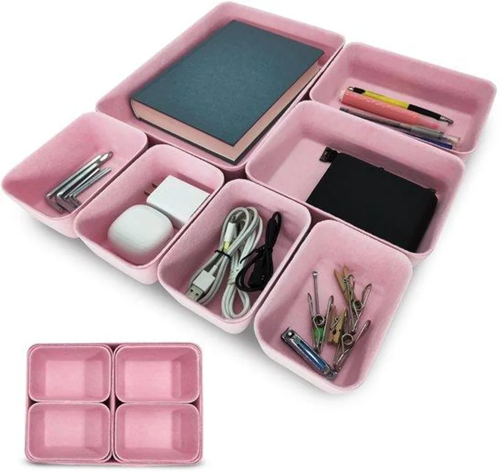 Organisateur de Bureau Rose pour Tiroir Viltene, Lot de 7 Bacs en Tissu