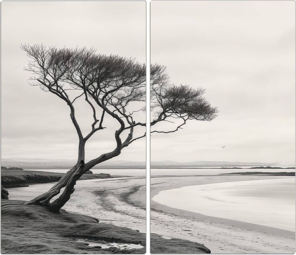 Spritzschutz Herdabdeckplatte Schneidebrett aus Glas Einsamer Baum am Meer 2-Teilig (60x52cm)