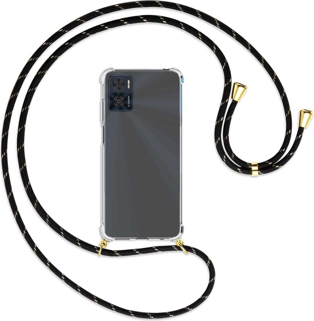 Handykette Backcover-Schutzhülle mit Band (Metall goldfarben) für Motorola Moto E22, Moto E22i 4G - schwarz/gold