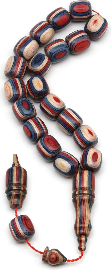 Chapelet Mascotte Efe en bois de camphrier bleu et blanc - 19 perles