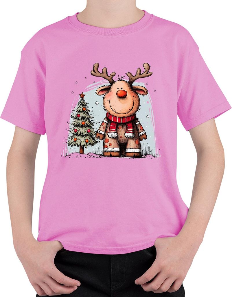 Rudolph Rentier rote Nase Weihnachten niedlich Retro Geschenk Uni Kinder T-Shirt, Pink, 116