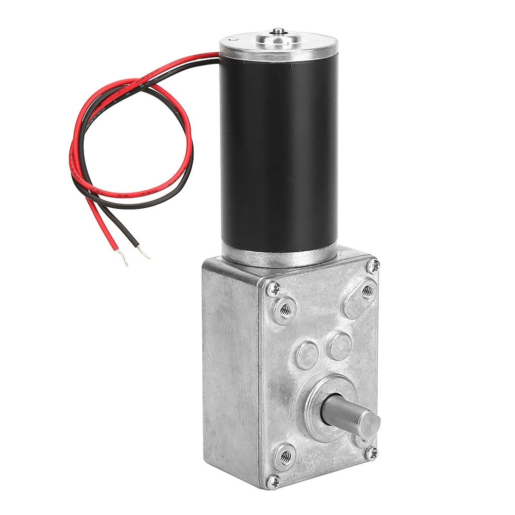 A close-up studio shot of a geared DC motor with wires.