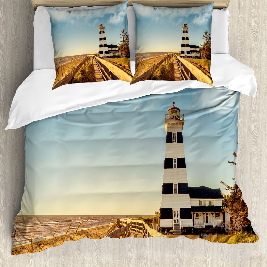 ABAKUHAUS Leuchtturm Bettbezug, Leuchtturm Meer Wellen, Milbensicher Allergiker geeignet mit Kissenbezügen, 155 cm x 220 cm - 80 x 80 cm, Mehrfarbig