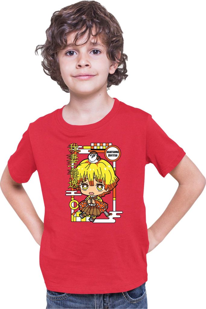 Kinder T-Shirt Demon Anime Slayer Kimetsu No Yaiba Chibi Zenitsu Agatsuma, 9-11 Jahr - 140 / Rot