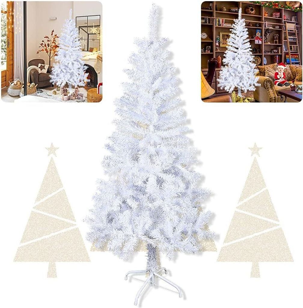 A collage of images showing a white artificial Christmas tree in different settings, including a room with a fireplace and a bookshelf-filled room. Two stylized Christmas tree graphics are also present.