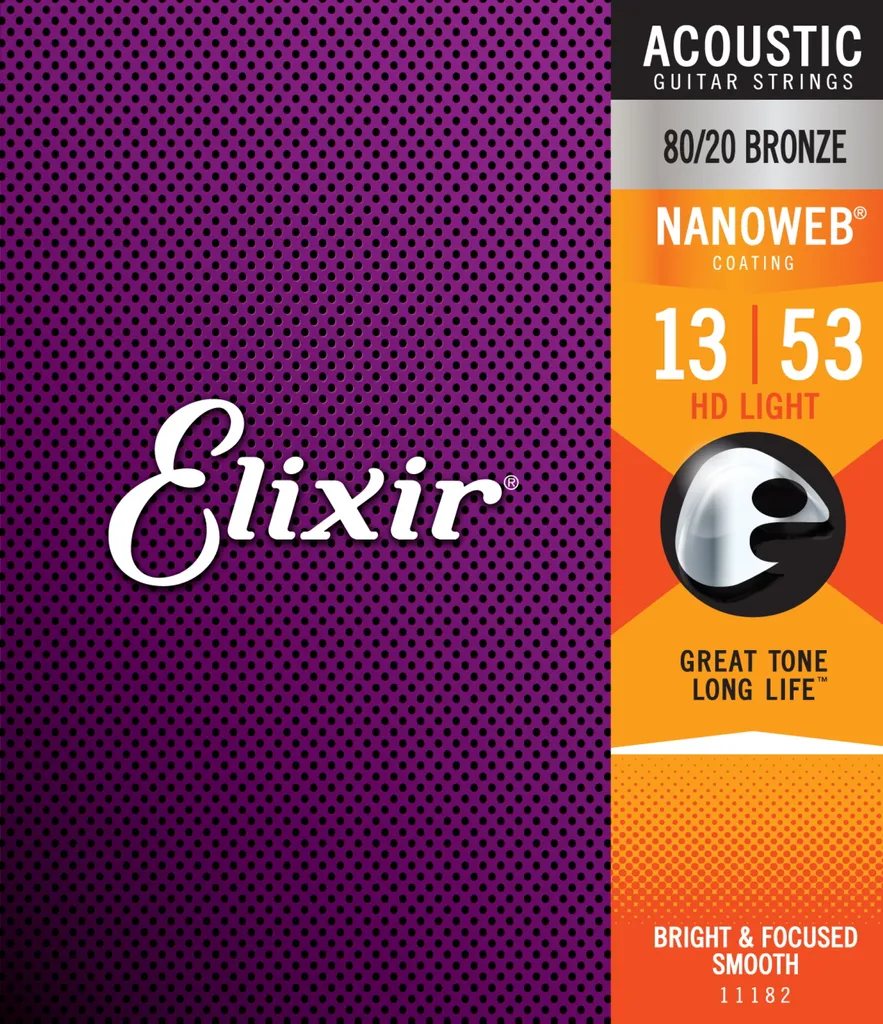 Jeu de Cordes Guitare Acoustique Elixir 11182 Nanoweb HD Light 13-53