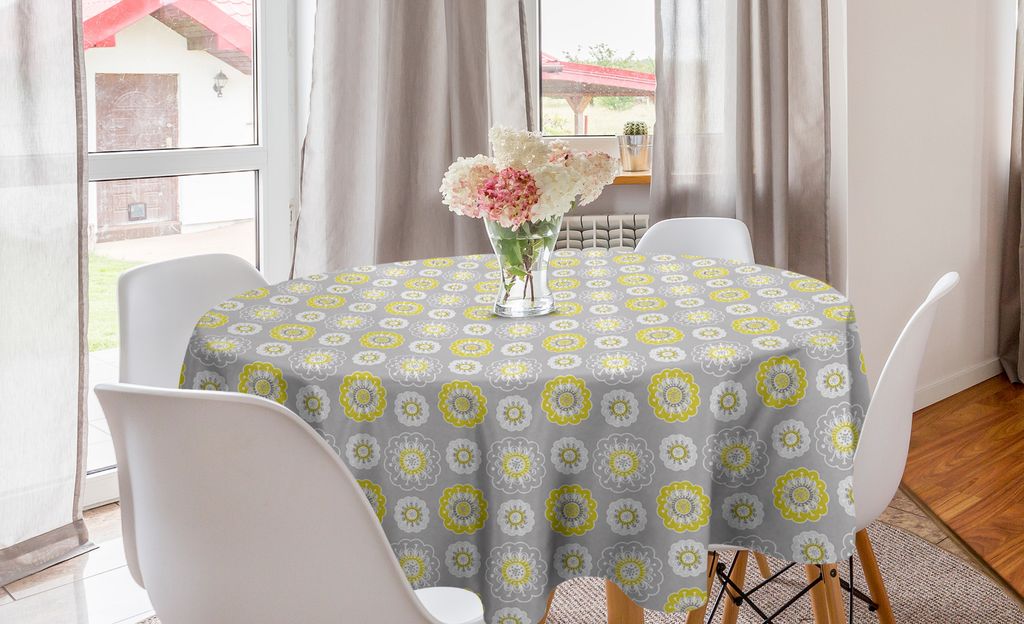 ABAKUHAUS Blassgrau Runde Tischdecke, Blumen-Strudel, Kreis Tischdecke Abdeckung für Esszimmer Küche Dekoration, 150 cm, Senf-Gelb und Weiß