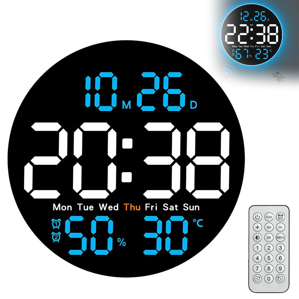 LED Digitale Wanduhr 25,5 cm, Fernbedienung, Digitalwecker, automatische Helligkeit, Sommerzeitanzeige